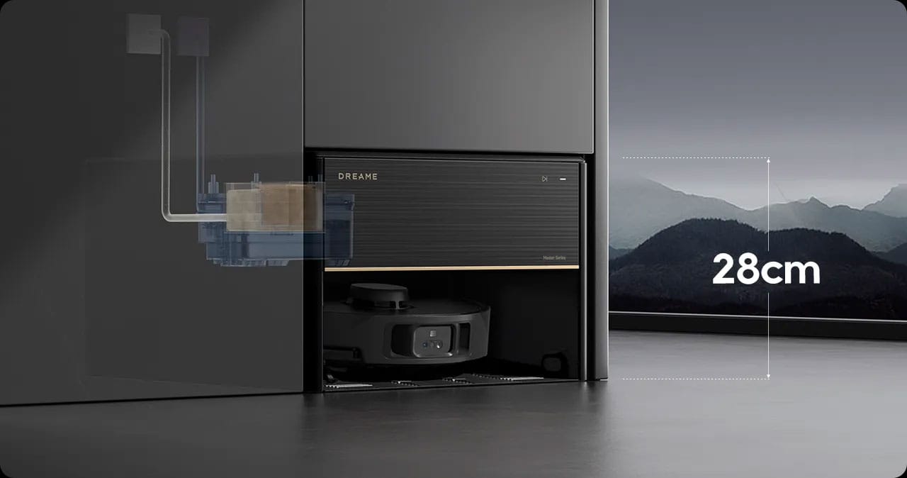 La station du X40 Master est plus compacte que celle du X40 Ultra Complete. Elle ne mesure que 28 cm de hauteur.