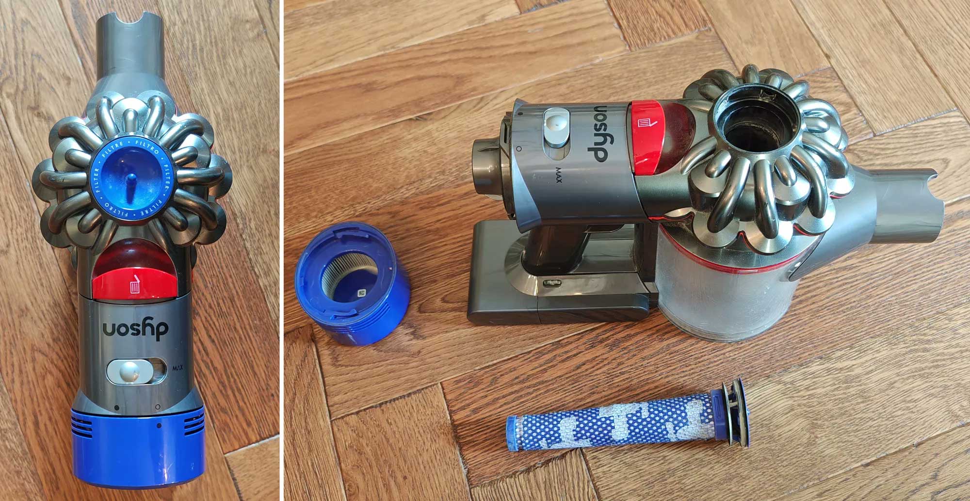 Entretien des filtres du Dyson V8. (c) Labo Maison