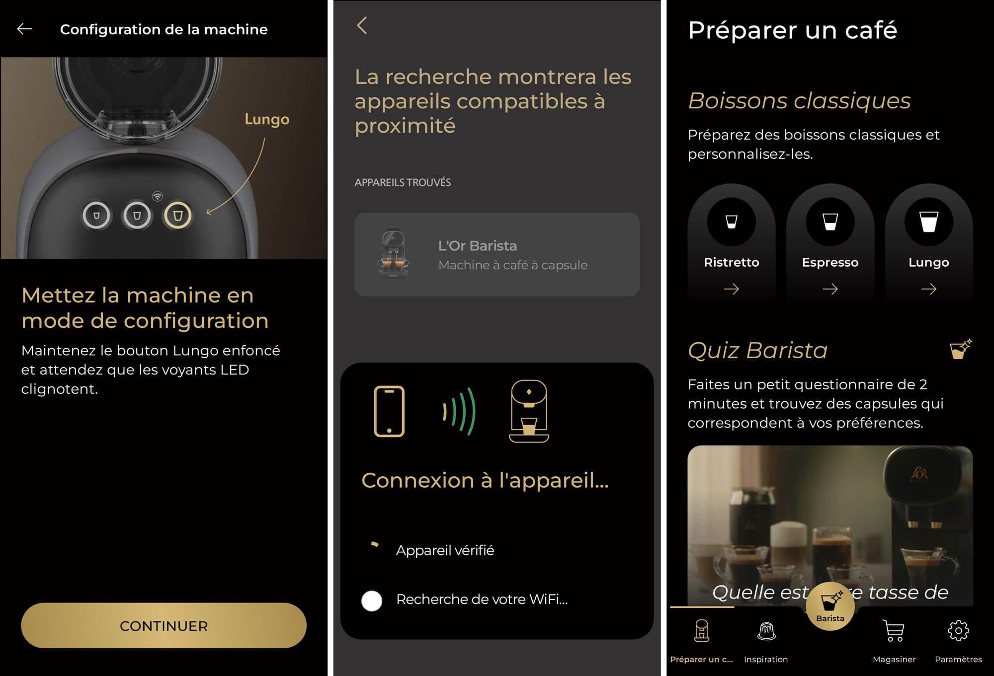 Application L’Or : quatre profils et personnalisation des boissons en ajustant l’intensité, le volume et la température. (c) Labo Maison