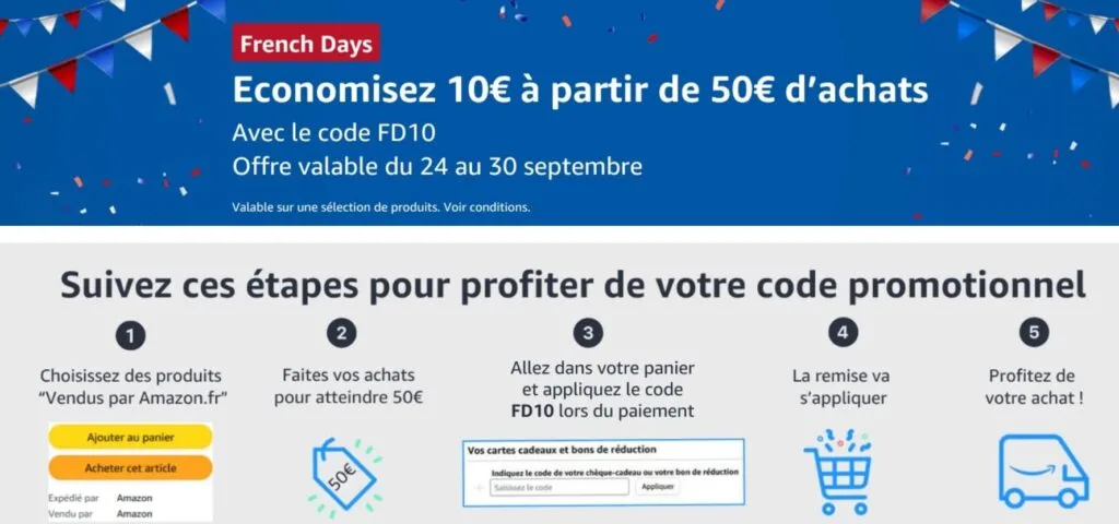 Amazon offre 10 € pour 50 € d'achats pour les French Days