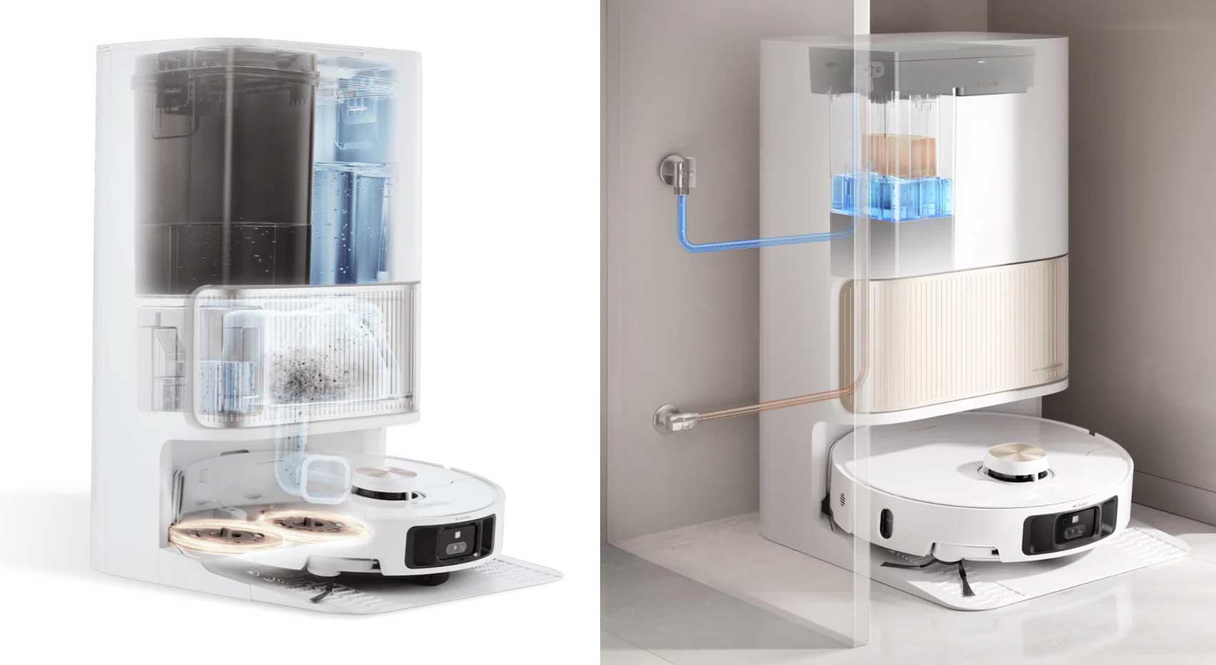 Station multifonction du Dreame L40 Ultra avec possibilité d'ajouter un kit de raccordement à l'eau en option.
