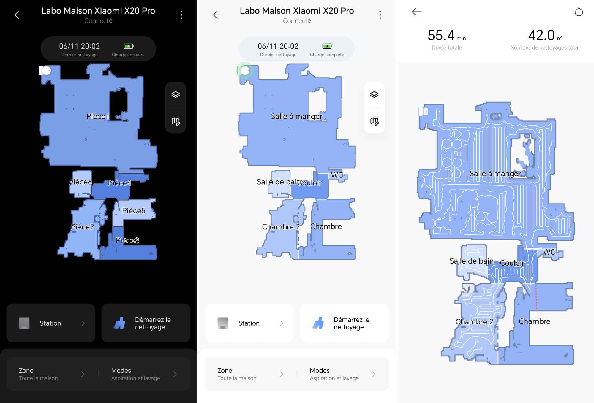 Le Xiaomi Robot Vacuum X20 Pro cartographie rapidement les pièces via l'application, mais nécessite des ajustements manuels pour bien délimiter et nommer les zones de nettoyage. (c) Labo Maison