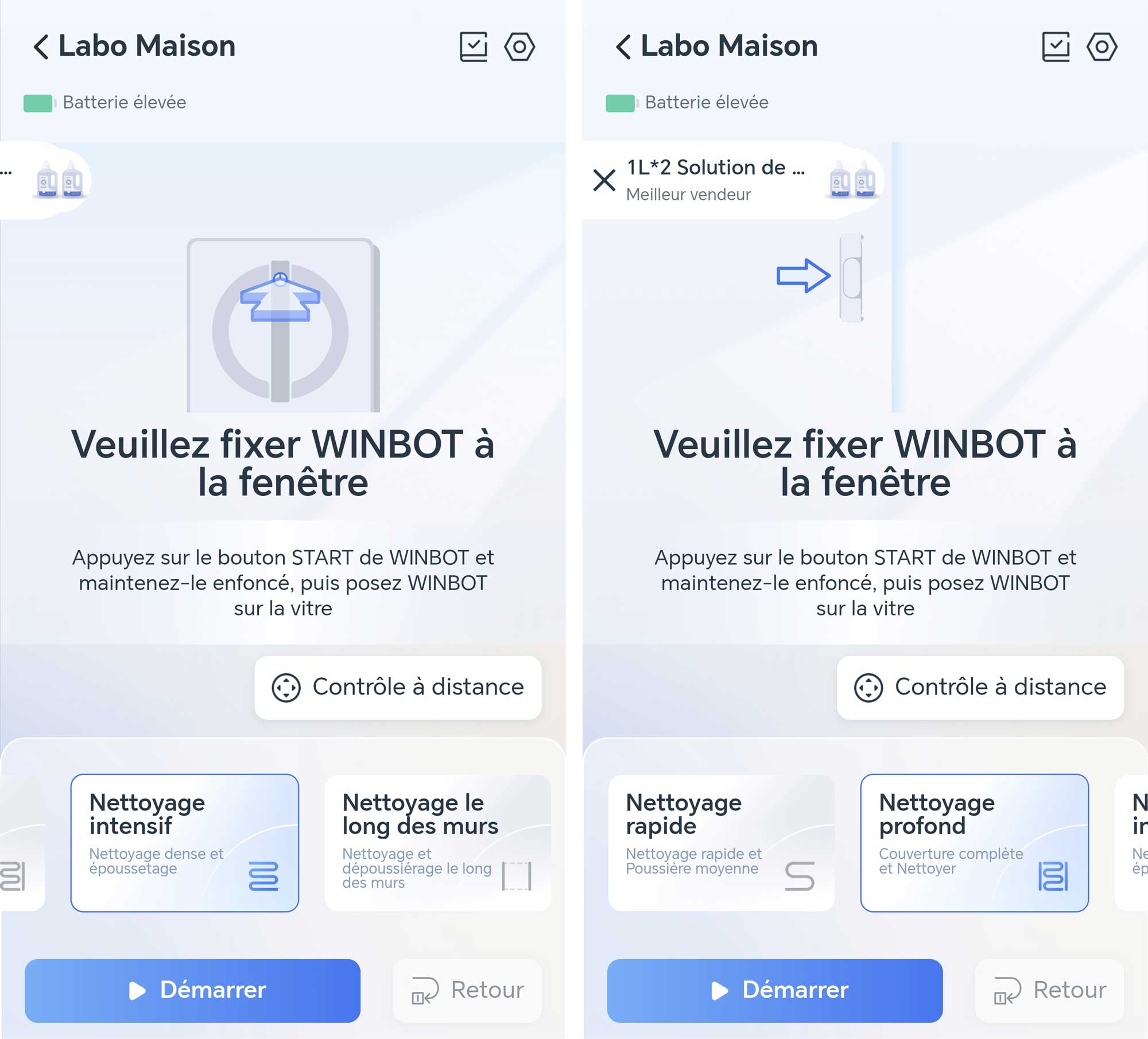 L’application du Winbot W2 Omni propose quatre modes de nettoyage : profond, intensif, rapide et bord, pour s’adapter à différents niveaux de saleté. (c) Labo Maison