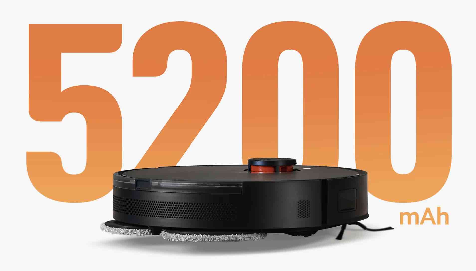 Une batterie de 5200 mAh pour une autonomie annoncée de 170 minutes en mode aspiration et nettoyage standard.