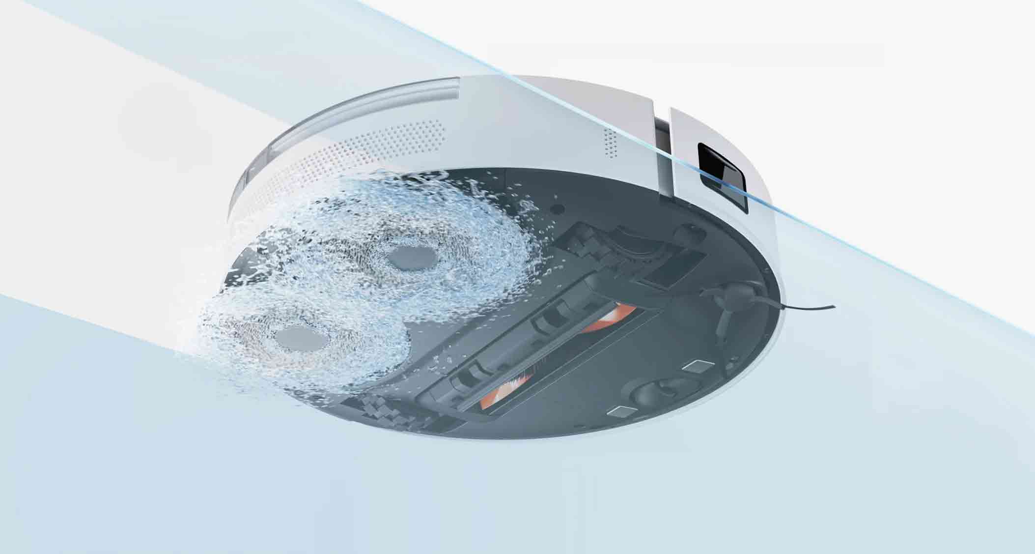 Le Xiaomi Robot Vacuum S20+ est équipé de deux serpillières rotatives pour laver les sols.