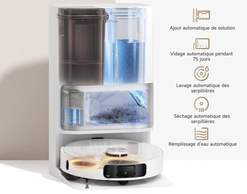 L'aspirateur Dreame L10S Ultra Gen 2 est équipé d'une station multifonction qui aspire le collecteur, lave et sèche les serpillères à l'air chaud. Un réservoir à détergent est aussi intégré pour un nettoyage plus efficace des serpillères.