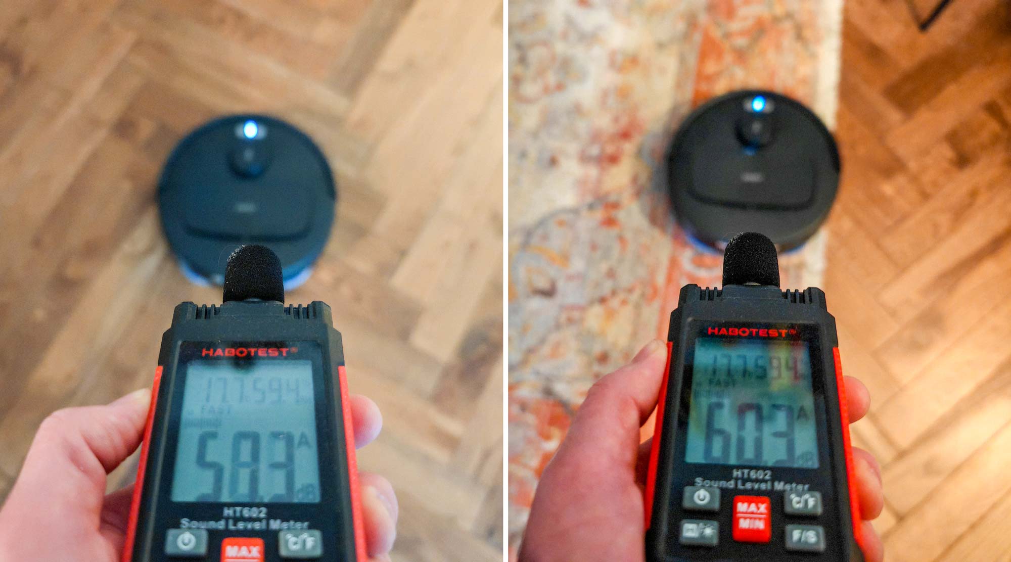 Avec 56,5 dB(A) sur parquet et 60,3 dB(A) en mode boost, le robot reste discret. (c) Labo Maison