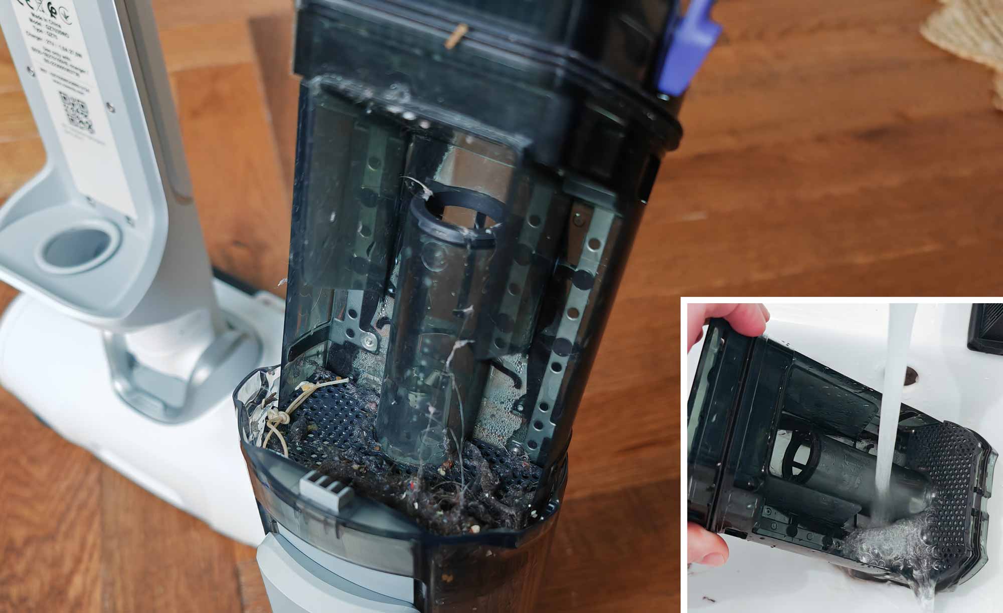 Le filtre à déchets solides nécessite un nettoyage manuel pour retirer poussière, cheveux et débris accumulés. (c) Labo Maison