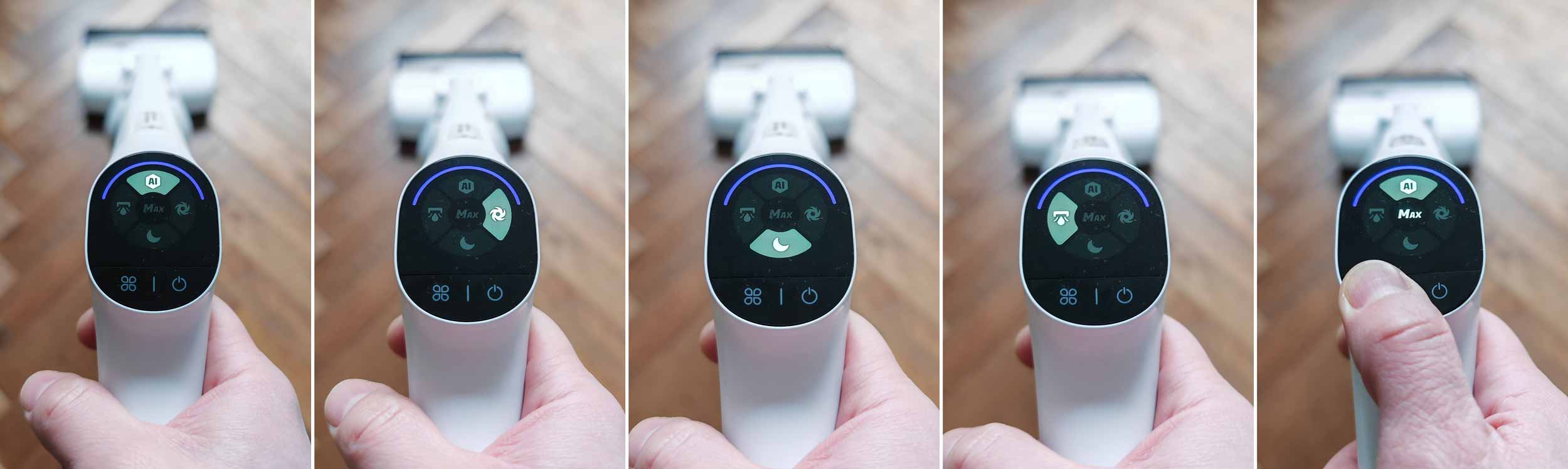 Le Rowenta X-Clean 10 propose 5 modes : automatique, silence, turbo, faible débit d’eau, et Max pour un nettoyage intensif. (c) Labo Maison