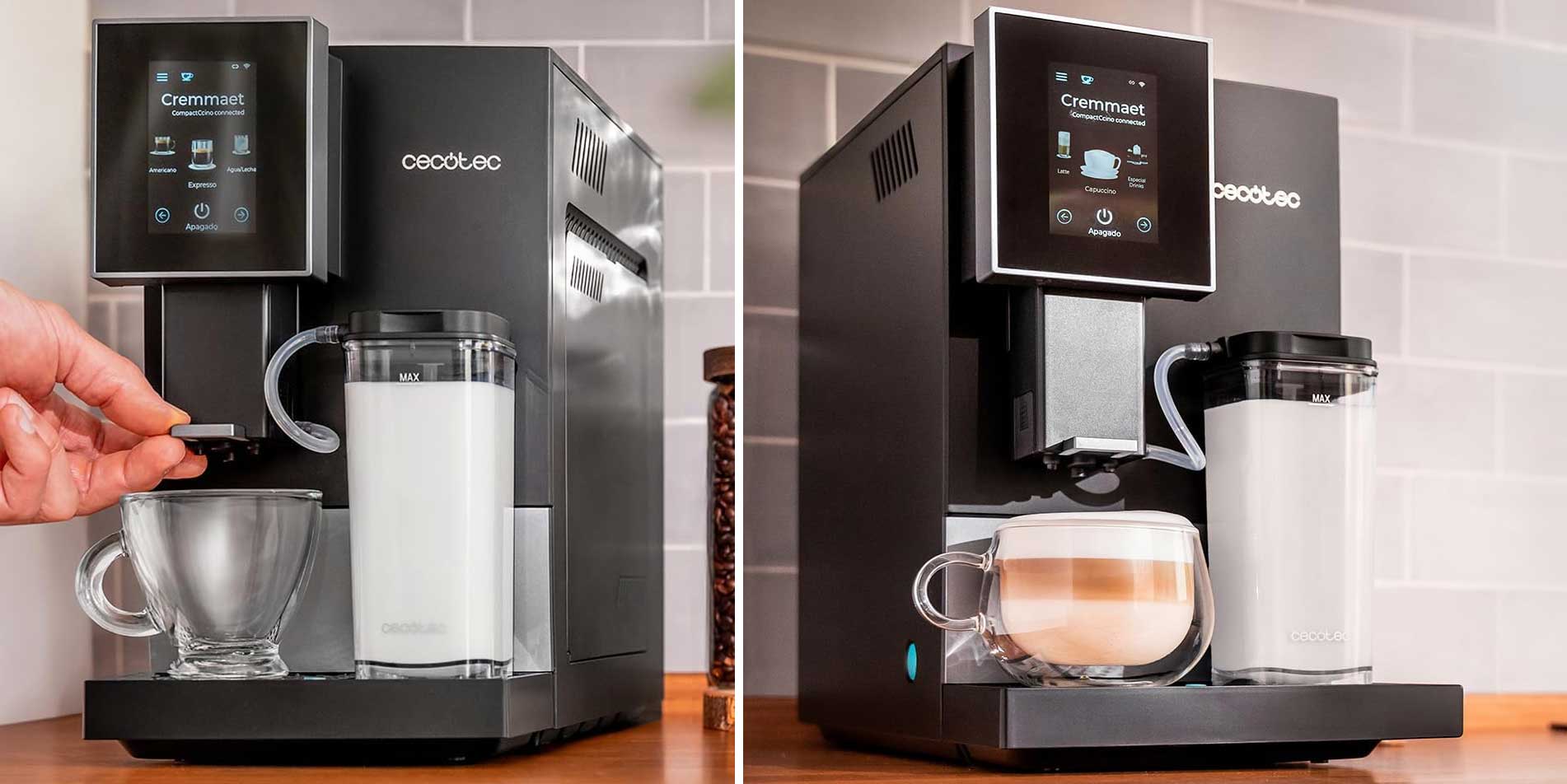 La Cecotec Cremmaet Compactccino Connected est équipée d'une carafe à lait intégrée. Préparez facilement des boissons lactées comme le cappuccino et le latte macchiato en une seule touche.