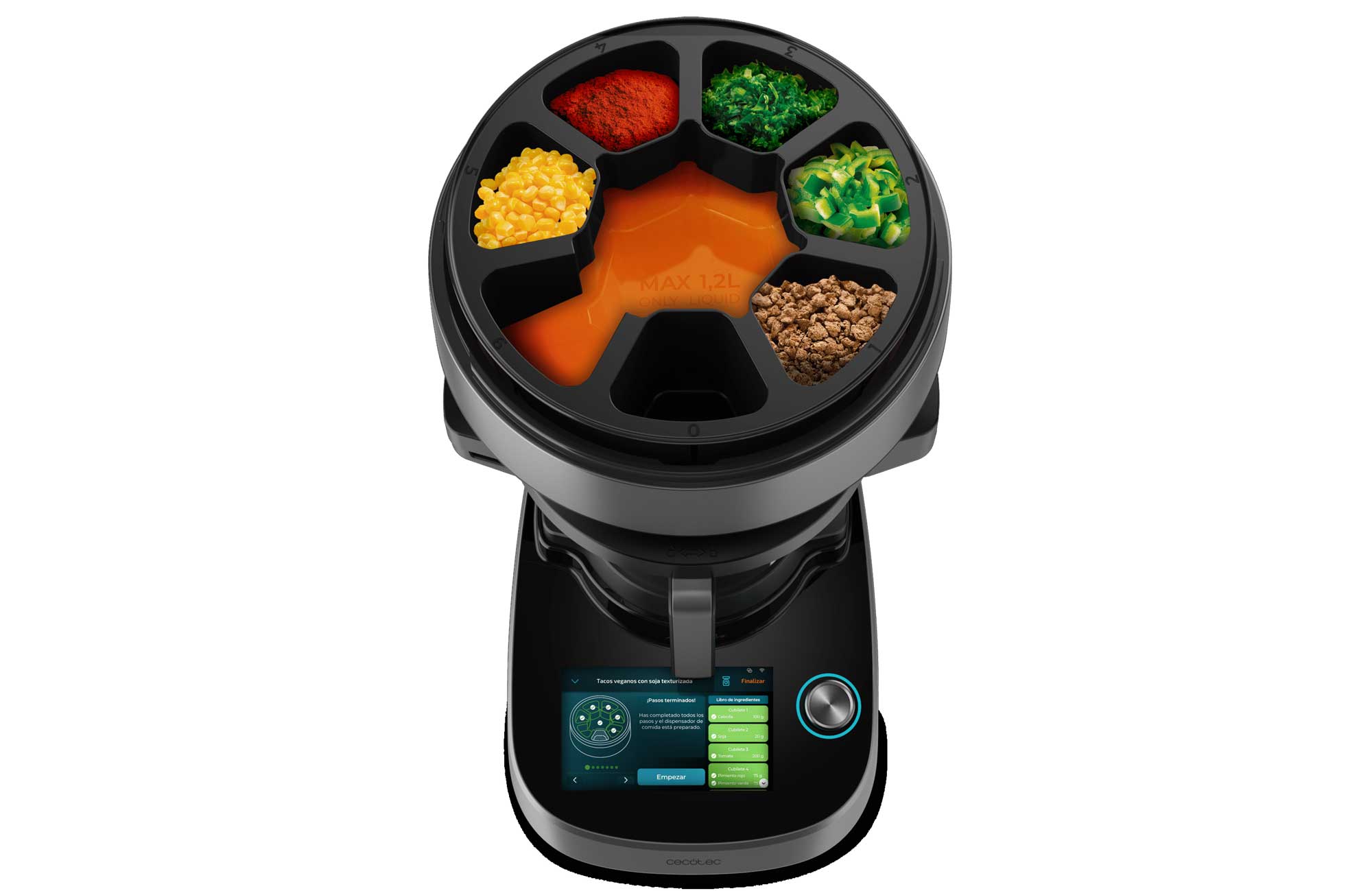 Le distributeur ChefCrown dose automatiquement les ingrédients pour chaque étape de la recette. Avec ses 6 compartiments, il ajoute les ingrédients au moment idéal pour une cuisson précise et sans surveillance.