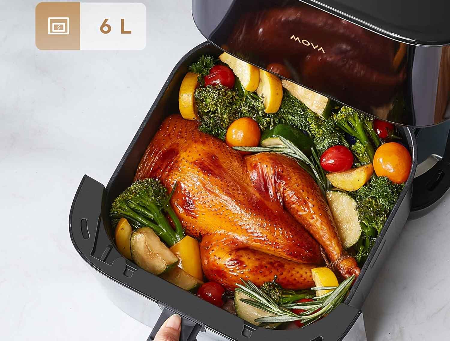 La capacité de 6 litres permet de préparer des plats familiaux, comme un poulet entier ou des portions pour 3 à 4 personnes.