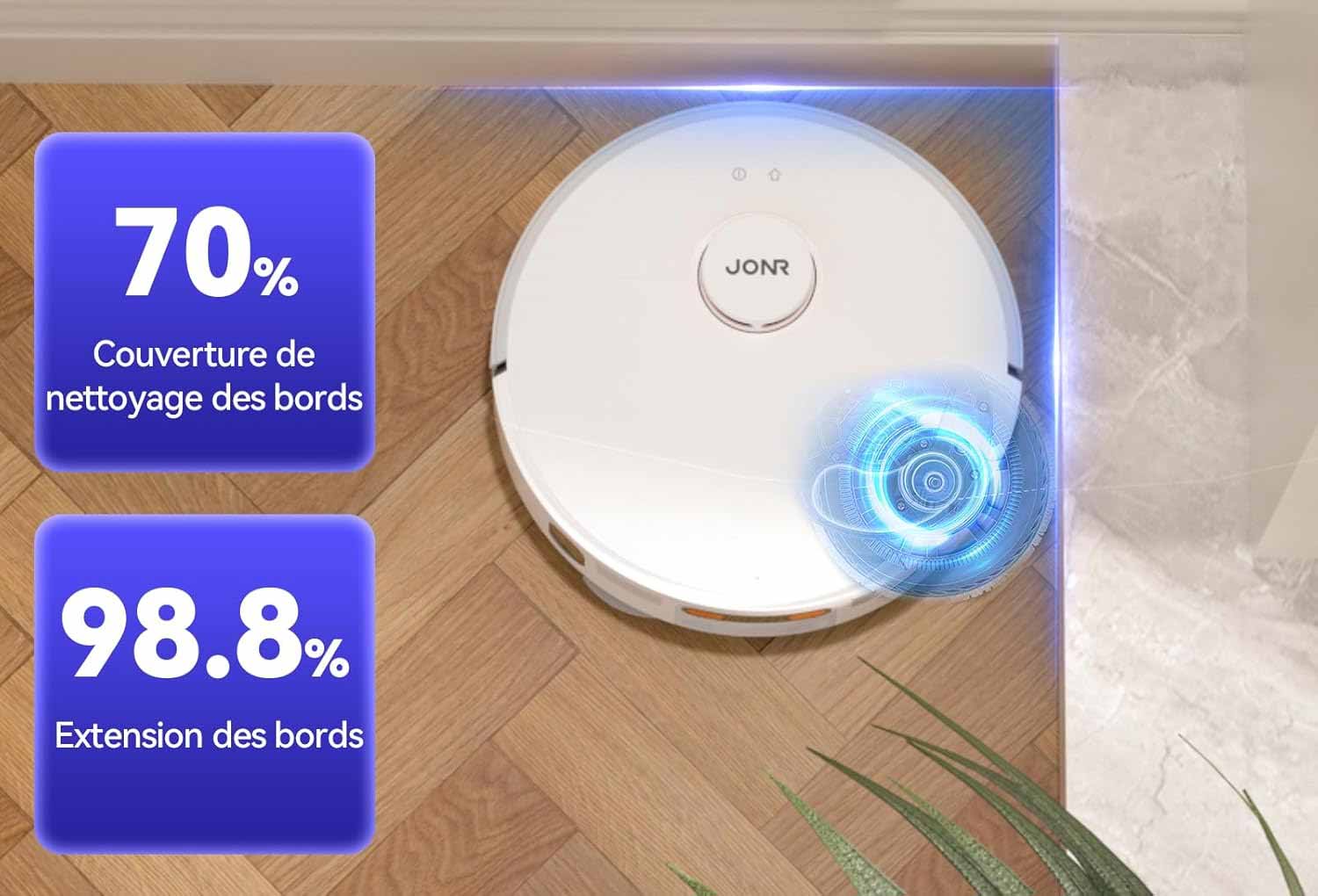 Le Jonr P20 Pro dispose de serpillières rotatives, dont l'une peut se décaler pour nettoyer le long des murs et des meubles. Le robot relève automatiquement ses serpillères de 8 mm pour éviter de mouiller les tapis.