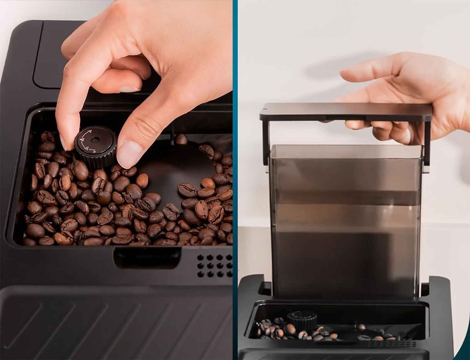 La machine dispose d'un réservoir à grains d'une capacité de 150 gramme et d'un réservoir d'eau de 1,1 litre. (c) Labo Maison