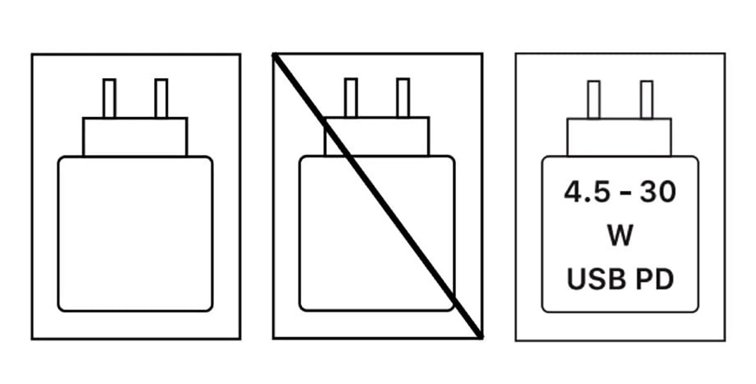 Pictogrammes présents sur la boîte pour indiquer la présence d’un chargeur et la puissance nécessaire.
