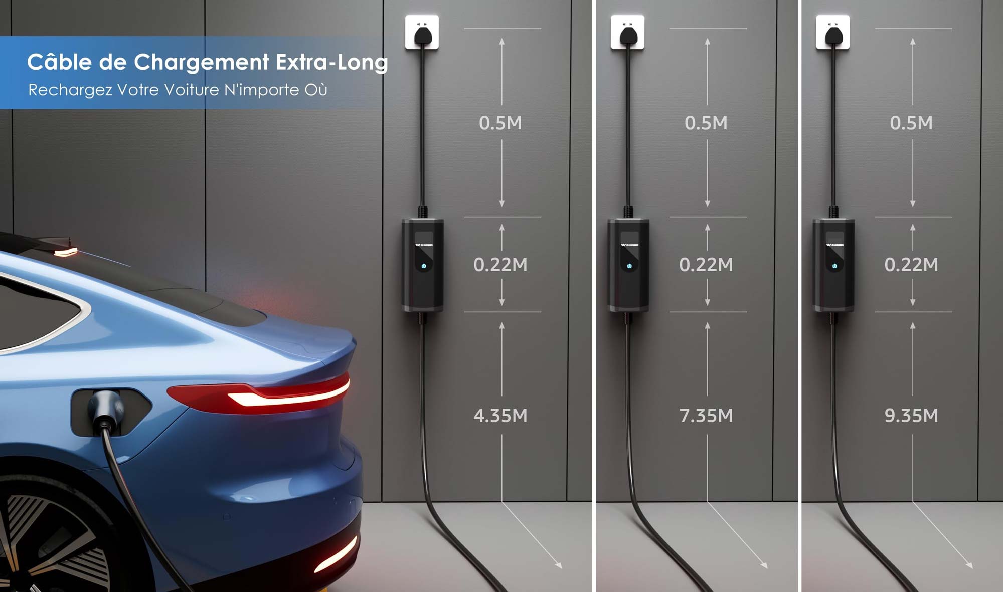 Le chargeur Bokman propose 3 longueurs pour ses chargeurs VE : 5m, 8m et 10m.