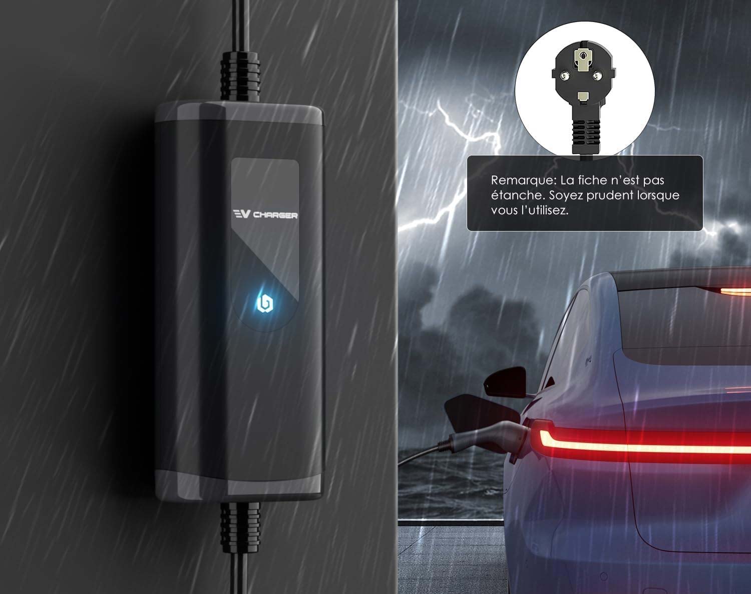 La coque TPU résiste à l’usure, chargeur étanche IP65, mais la prise doit être protégée des intempéries.
