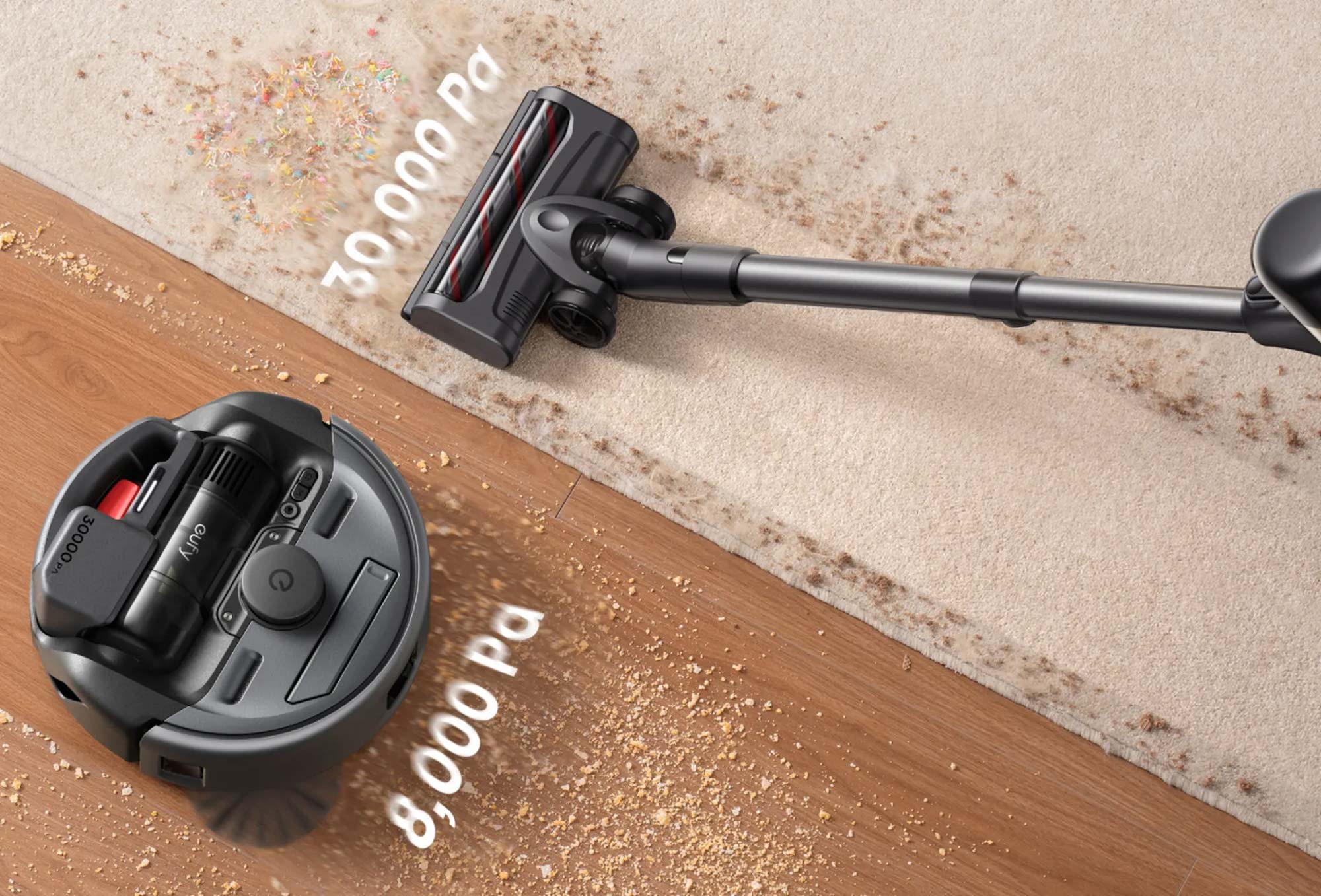 Le mode aspirateur-balai du Eufy Clean E20 offre une puissance d’aspiration de 30 000 Pa pour un nettoyage efficace.