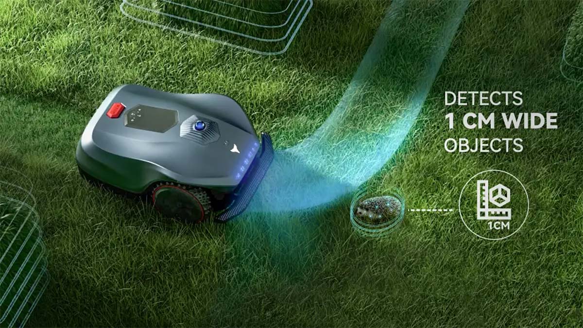 Le Hookii Neomow X utilise des capteurs LiDAR et visuels pour détecter des obstacles dès 1 cm de largeur ou 15 cm de hauteur, évitant collisions et blocages.