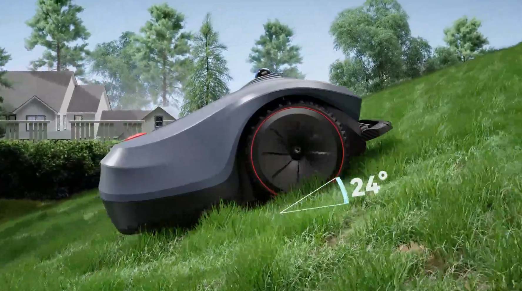 Le Hookii Neomow X maîtrise peut tondred dans des pentes jusqu'à 24° (45%), grâce à ses roues crantées et son moteur puissant.