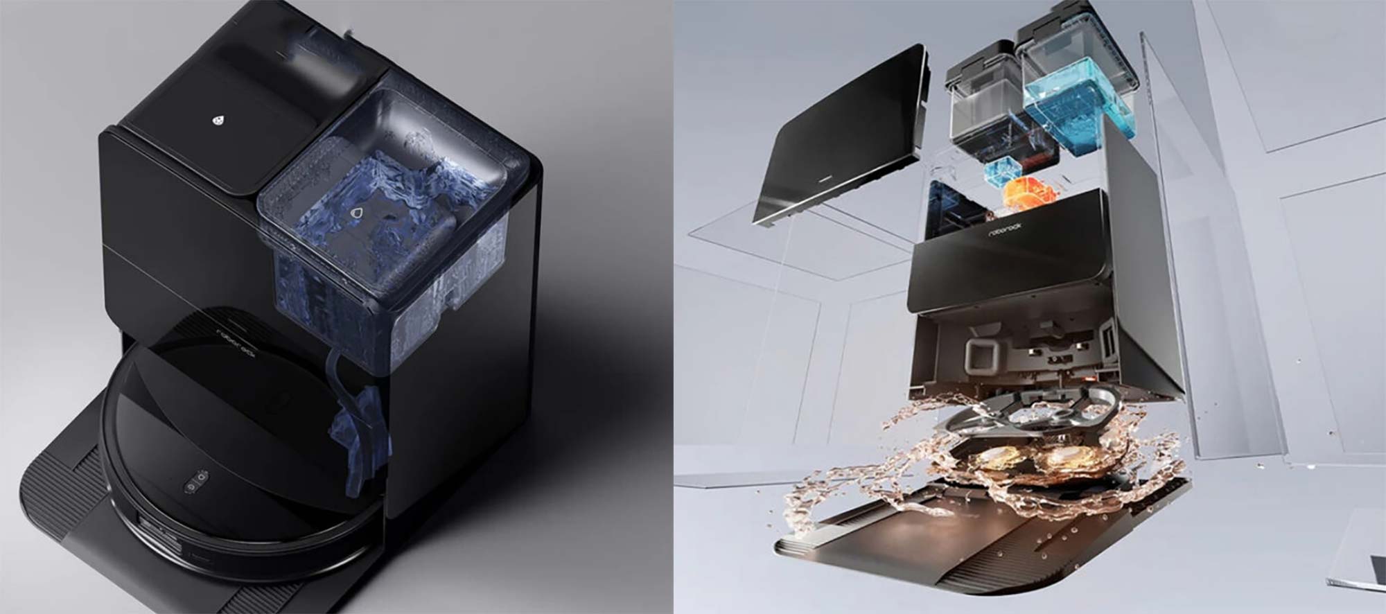 La station 3.0 du Saros 10R vide le bac, lave et sèche la serpillière, avec des réservoirs de 3,5 L pour une autonomie prolongée.