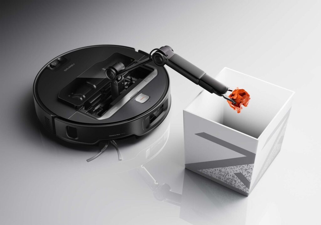 Le Roborock Saros Z70 déplace jusqu'à 300 g d'objets et les range dans une zone ou un bac dédié, libérant votre sol.