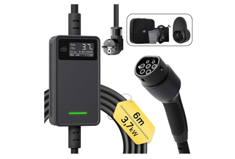 dé EV Chargeur Type 2 3,7 kW Schuko V2 : puissance maximale de 3,68 kW (230 V x 16 A).
