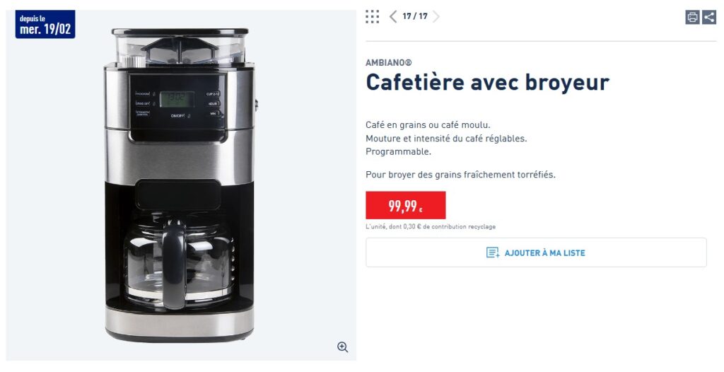 Offre Aldi machine à café filtre avec broyeur Ambiano