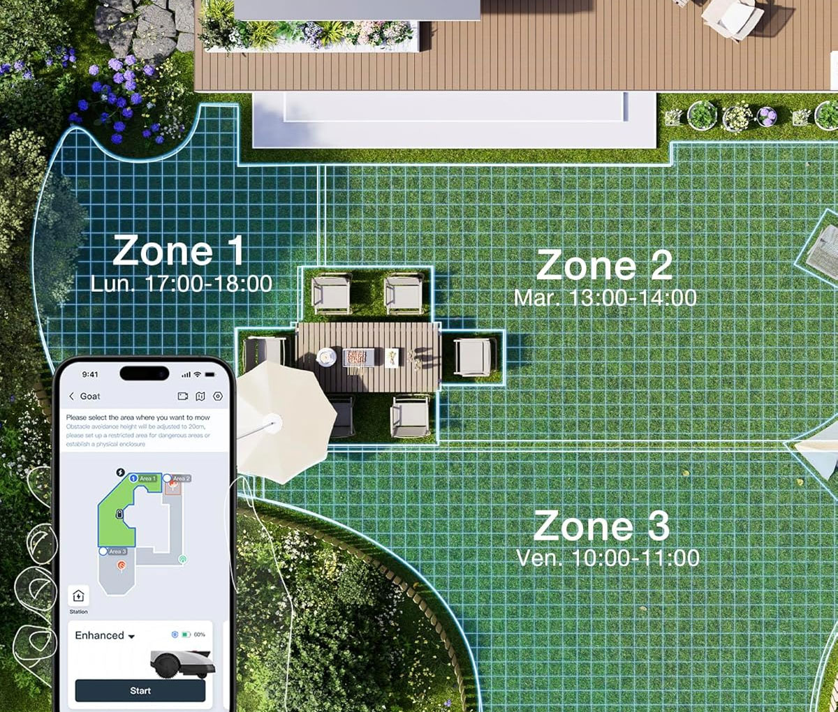 L’application Ecovacs Home permet de personnaliser la tonte, modifier les cartes et gérer les zones interdites.