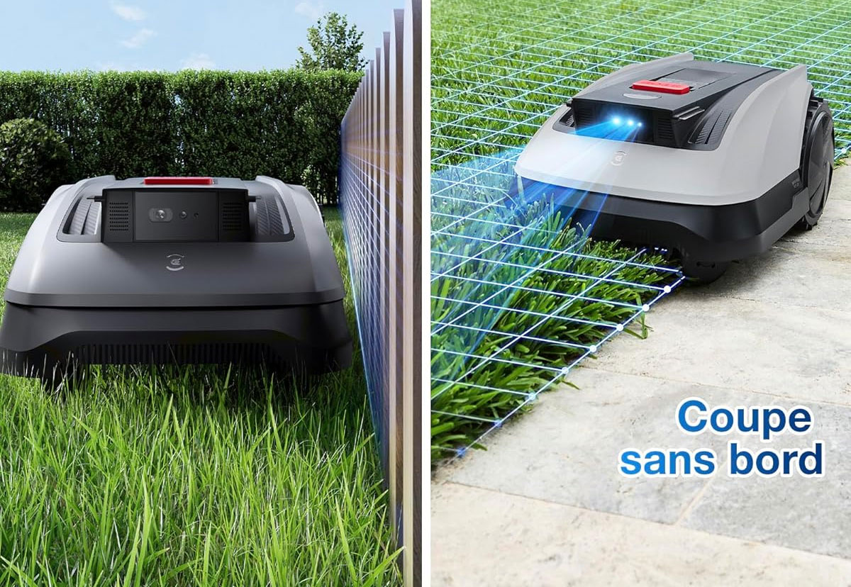 Le Ecovacs Goat O1200RTK tond les bordures en chevauchant les limites grâce à son LiDAR 3D-ToF.