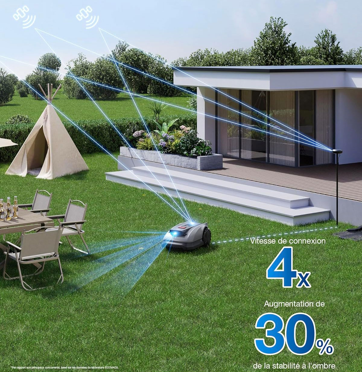Le Ecovacs Goat O1200RTK combine RTK et LiDAR 3D-ToF pour une navigation précise et fluide.