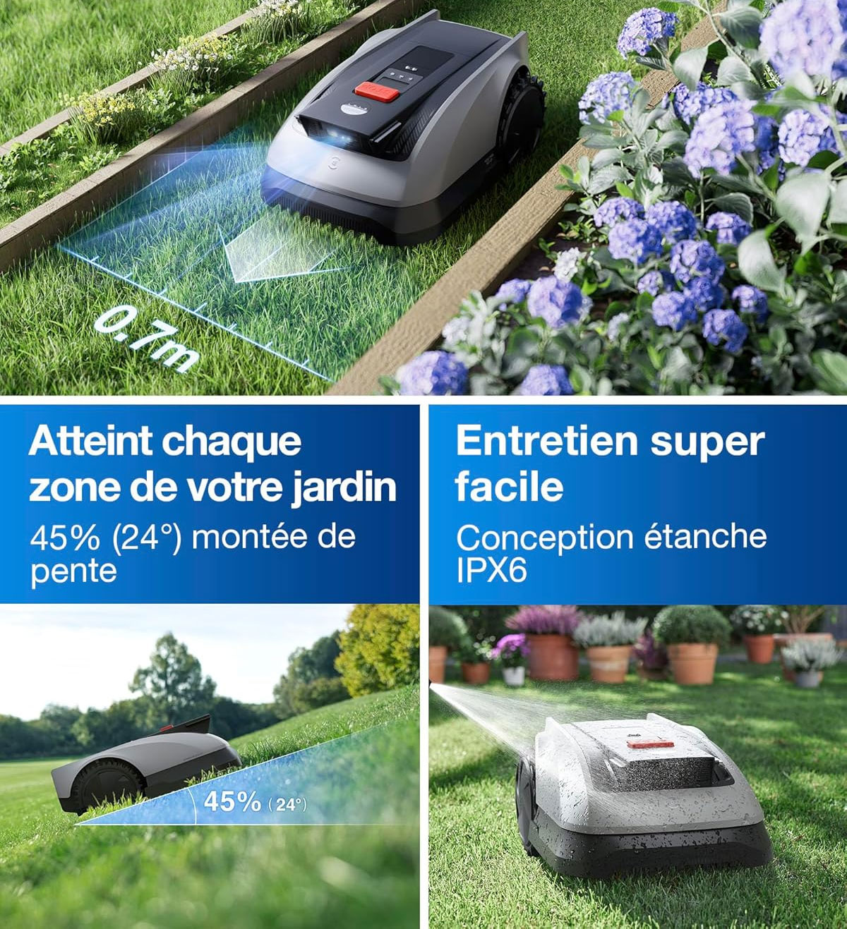 Le Ecovacs Goat O1200RTK grimpe des pentes à 45 %, passe des chemins de 70 cm et se nettoie facilement (IPX6).