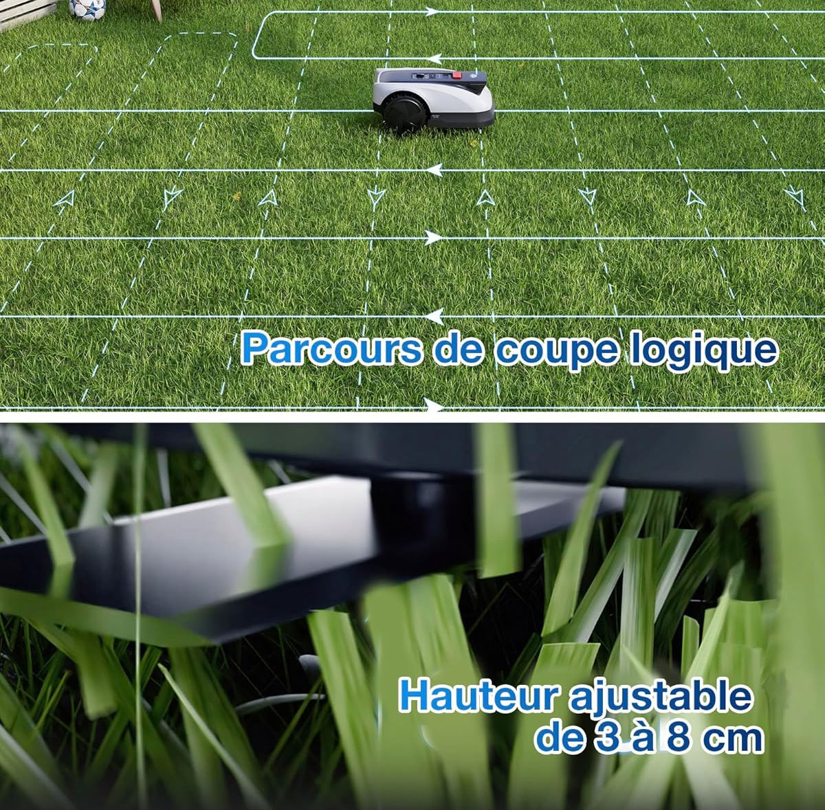 Le Goat O800 RTK mémorise son parcours et permet un réglage précis de la hauteur de tonte de 3 à 8 cm.