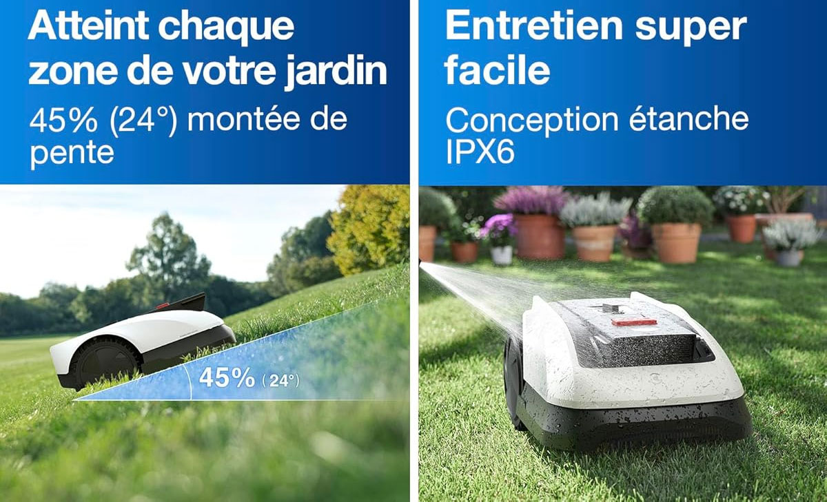 Le Goat O800 RTK grimpe des pentes de 45 % et se nettoie facilement grâce à sa certification IPX6.
