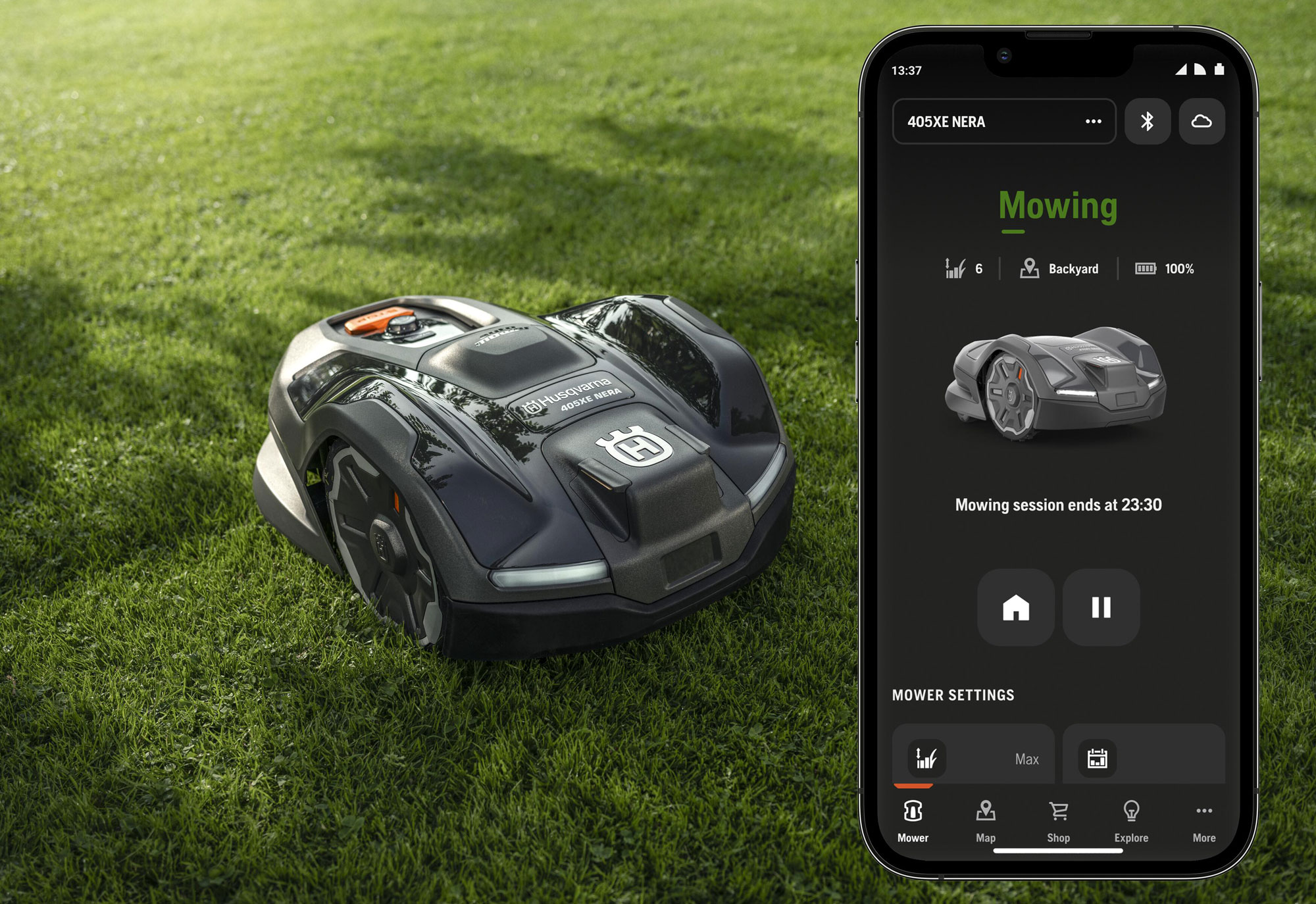 Automower Connect permet de contrôler le 405XE NERA à distance, ajuster la tonte et recevoir des alertes.