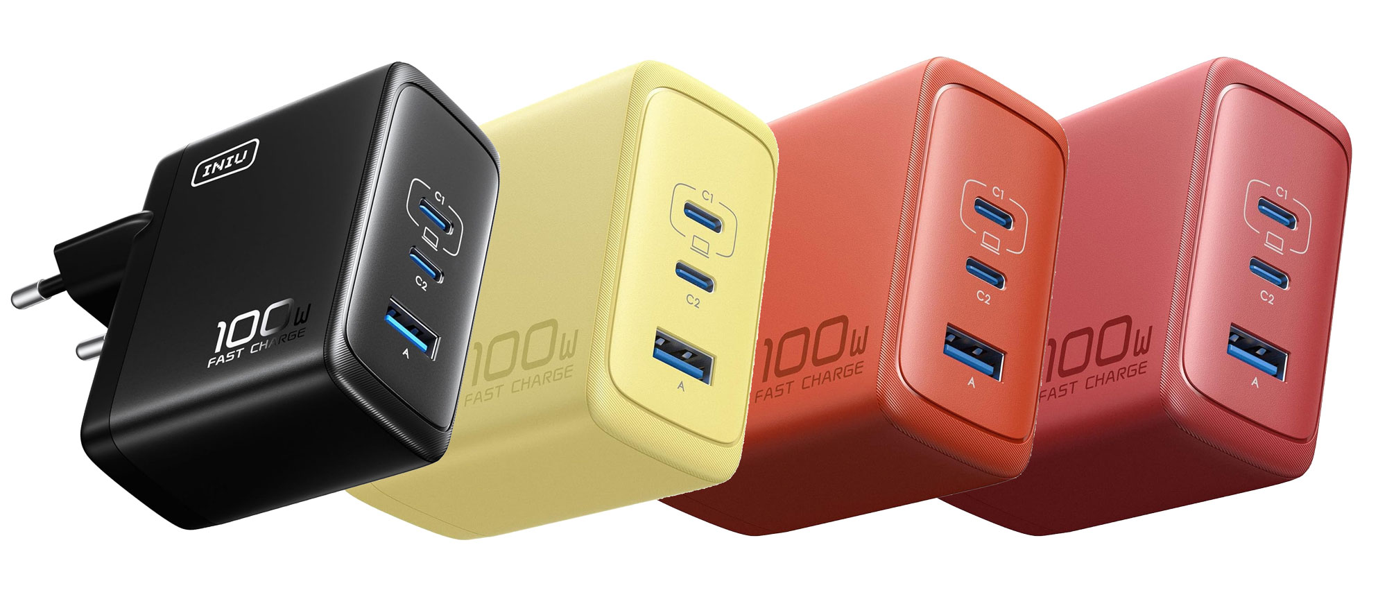 Le INIU I641 100W GaN est disponible en plusieurs couleurs : noir, blanc, rouge, bleu, orange et jaune.