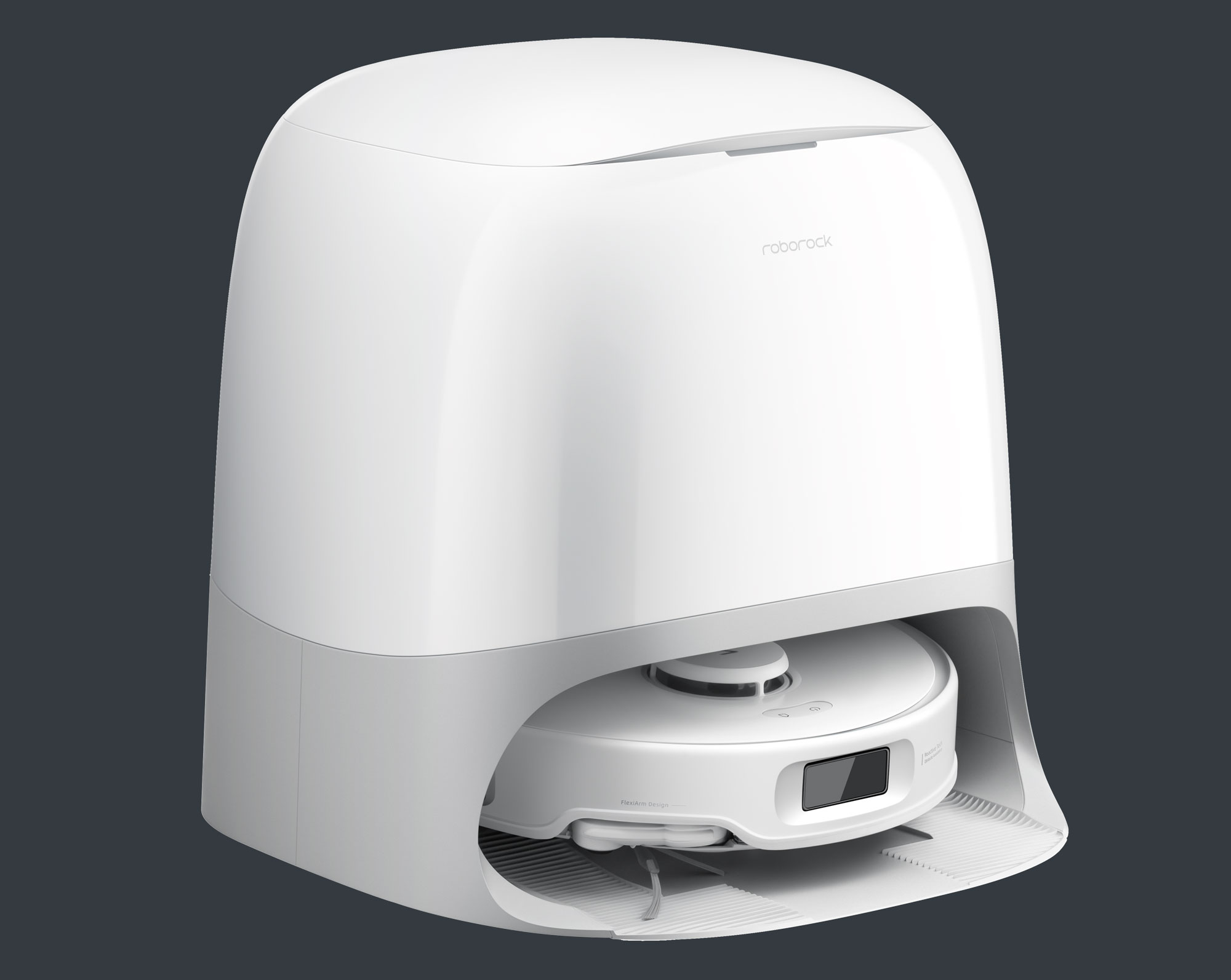 La station du Roborock Qrevo Curv S5X lave à 75°C, sèche à 45°C et vide le collecteur pour un entretien minimal.