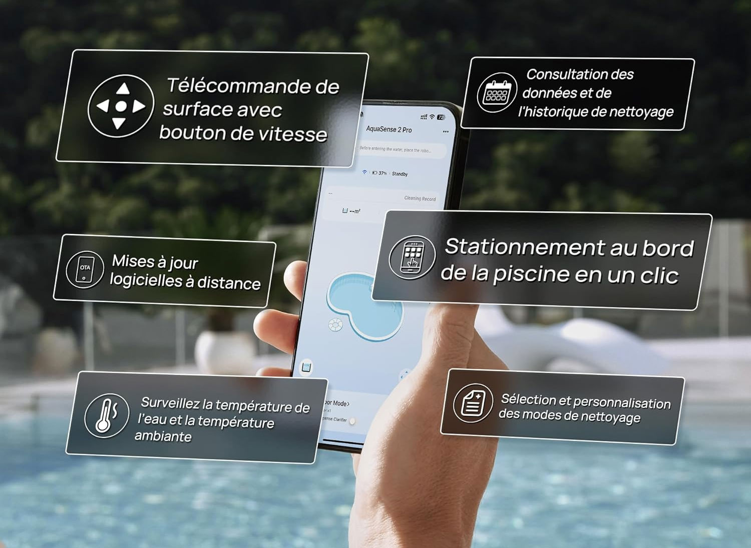 L’application permet de lancer, programmer ou arrêter le nettoyage, et de suivre le robot à distance.