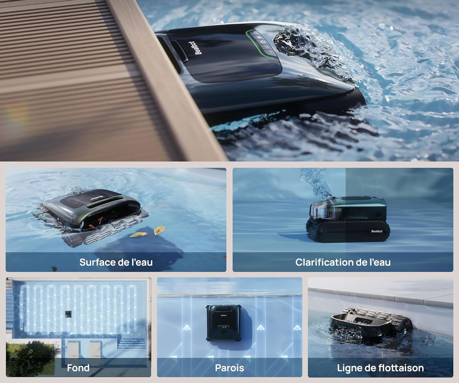 L’AquaSense 2 Pro nettoie fond, parois, surface et ligne d’eau, tout en clarifiant l’eau avec efficacité.