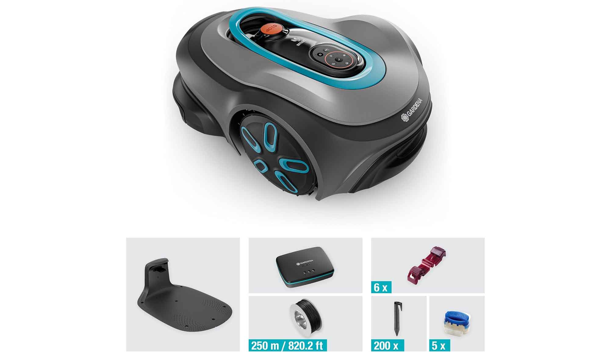 Le Gardena Smart Sileno Max est livré avec une station de charge, 150 m de câble, 200 crochets, 5 connecteurs et 6 coupleurs.