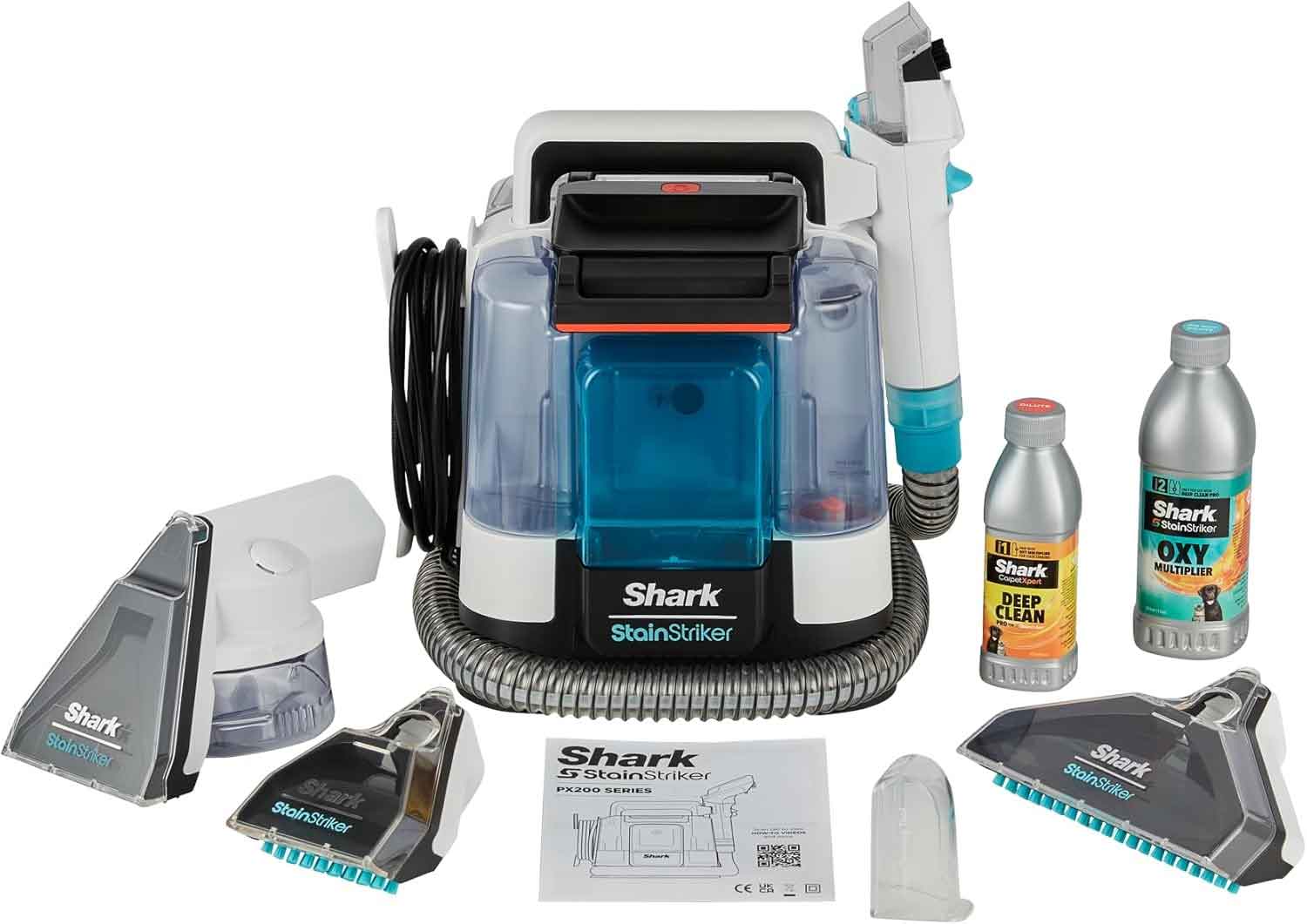Le Shark StainStriker PX200EUT inclut 5 accessoires, dont un embout spécial animaux et un suceur plat.