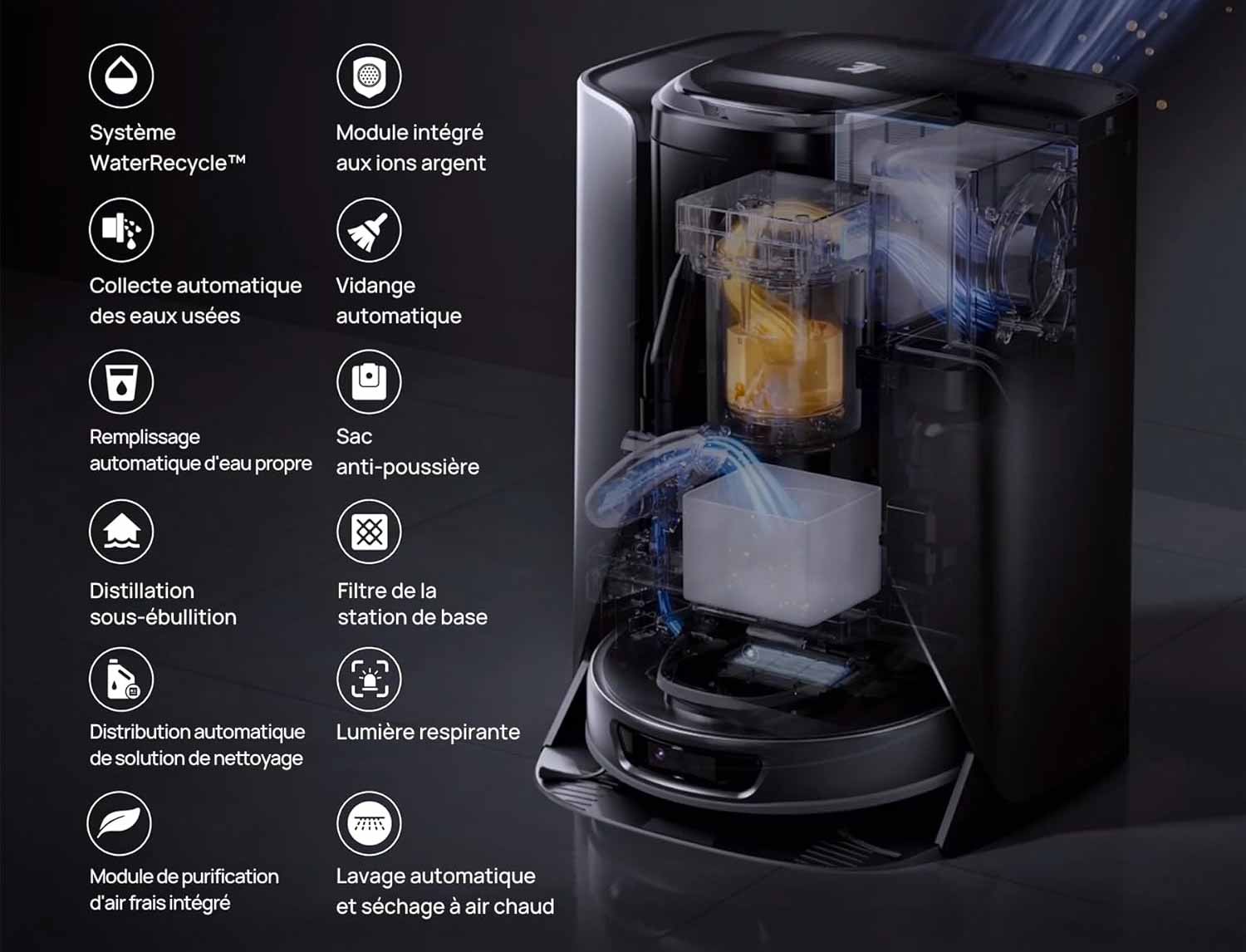 Station 12-en-1 de l'aspirateur robot laveur 3i S10 Ultra : lave, sèche, remplit et aspire sans aucune intervention manuelle.