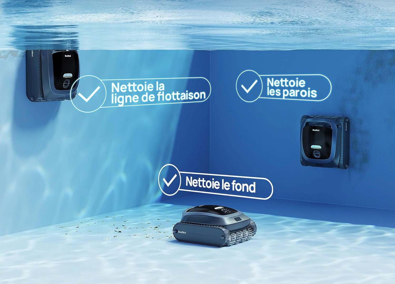 Le Beatbot AquaSense 2 nettoie fond, parois et ligne d’eau avec double passage et aspiration puissante.