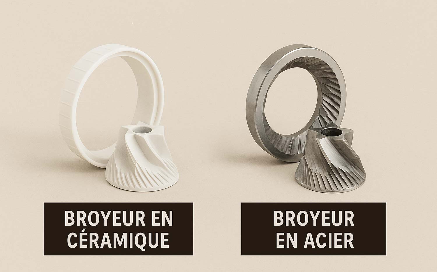Broyeur en céramique ou en acier : découvrez les différences pour bien choisir votre machine à café à grain. (c) Dall.E