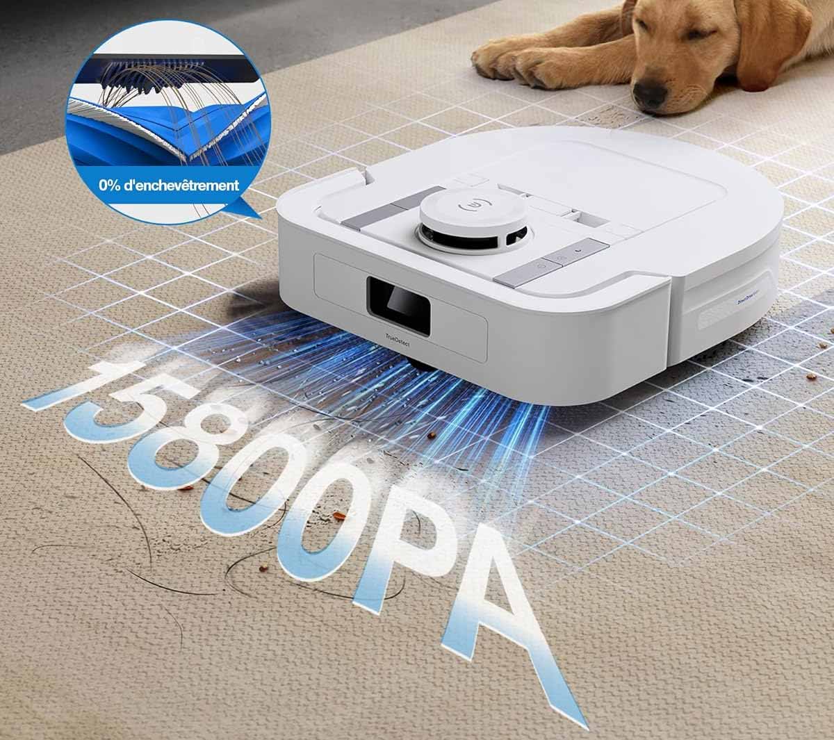 Aspiration puissante jusqu’à 15 800 Pa, efficace sur tapis et saletés incrustées.