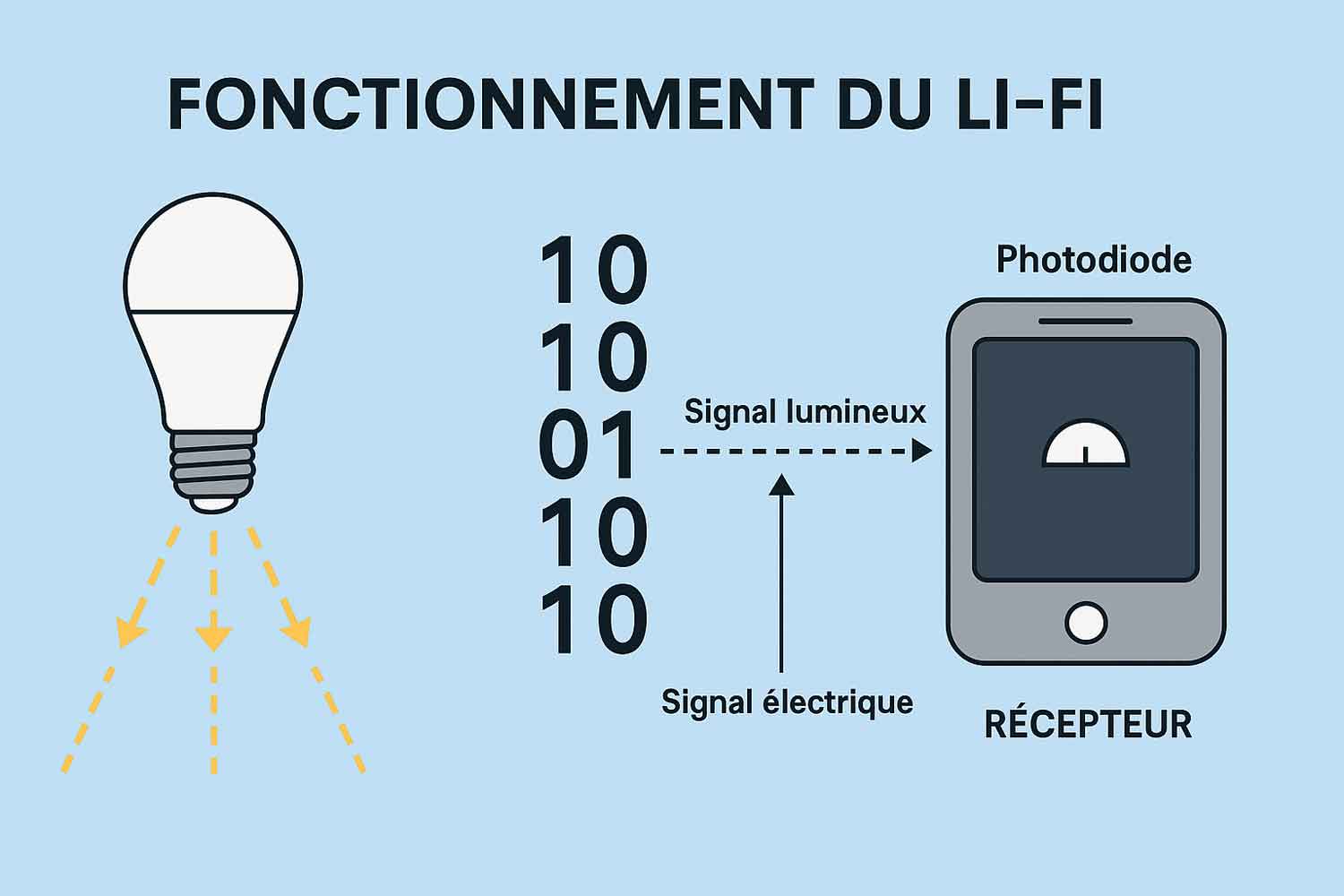 Le Li-Fi transmet des données via la lumière LED, modulée à haute fréquence et captée par une photodiode. (c) Dall.E