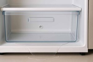 Eau sous le bac à légumes ? Trou bouché, condensation, givre : voici les causes et solutions. (c) Dall.E