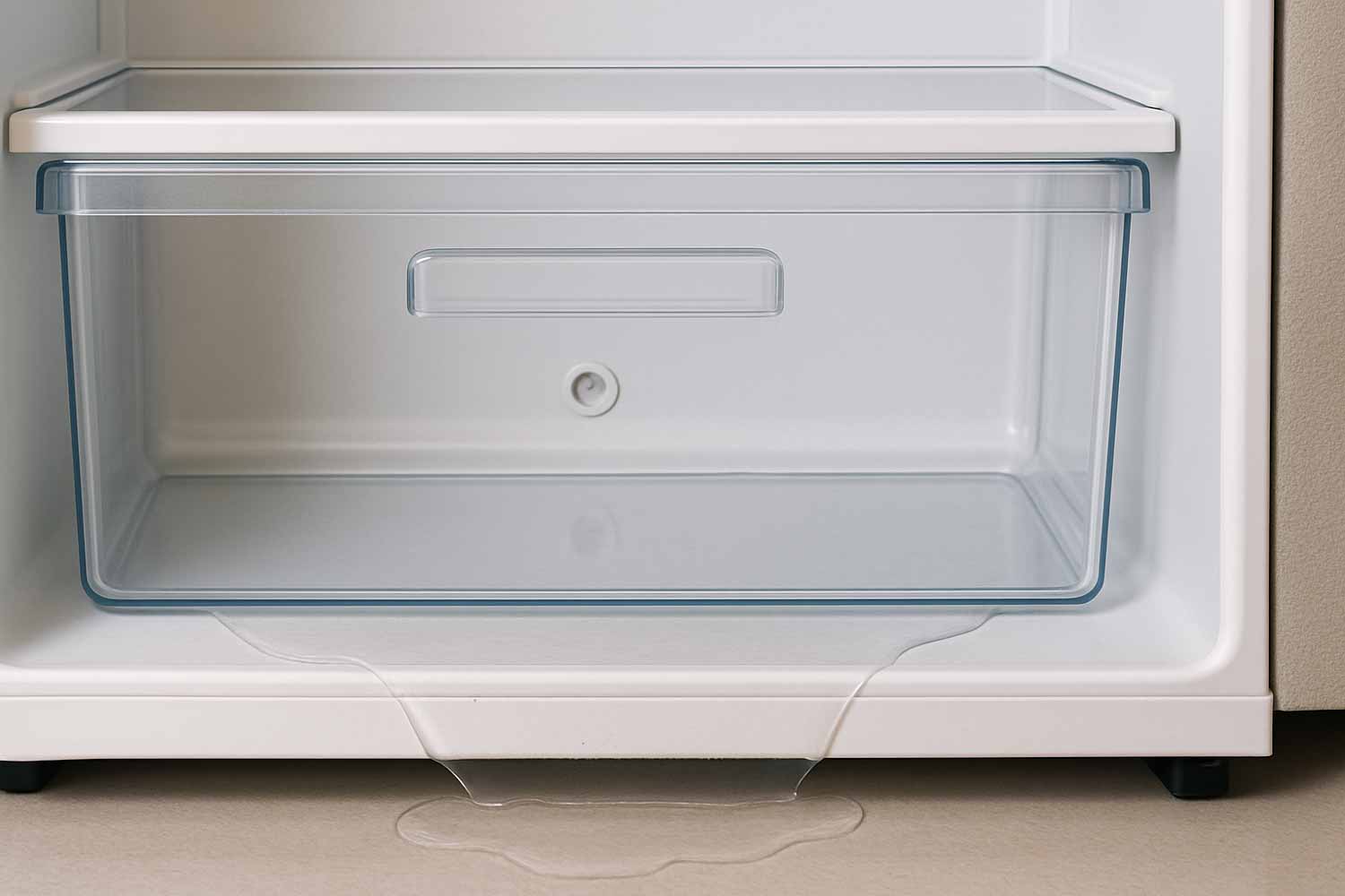 Eau sous le bac à légumes ? Trou bouché, condensation, givre : voici les causes et solutions. (c) Dall.E