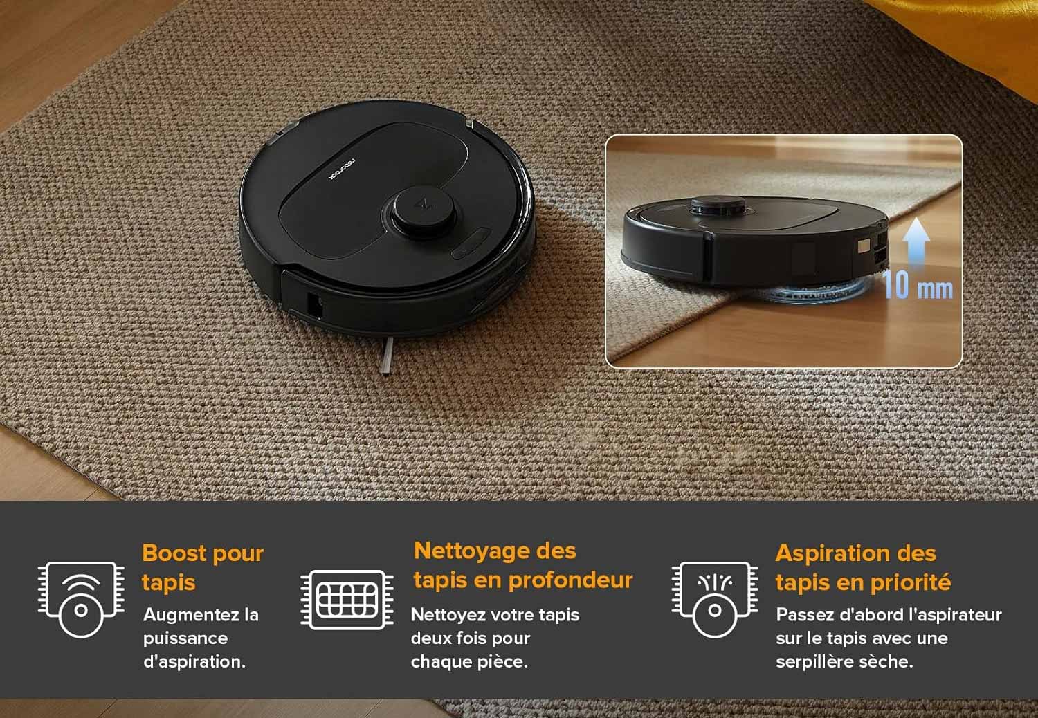 Les serpillières se soulèvent automatiquement pour protéger les tapis pendant le nettoyage.