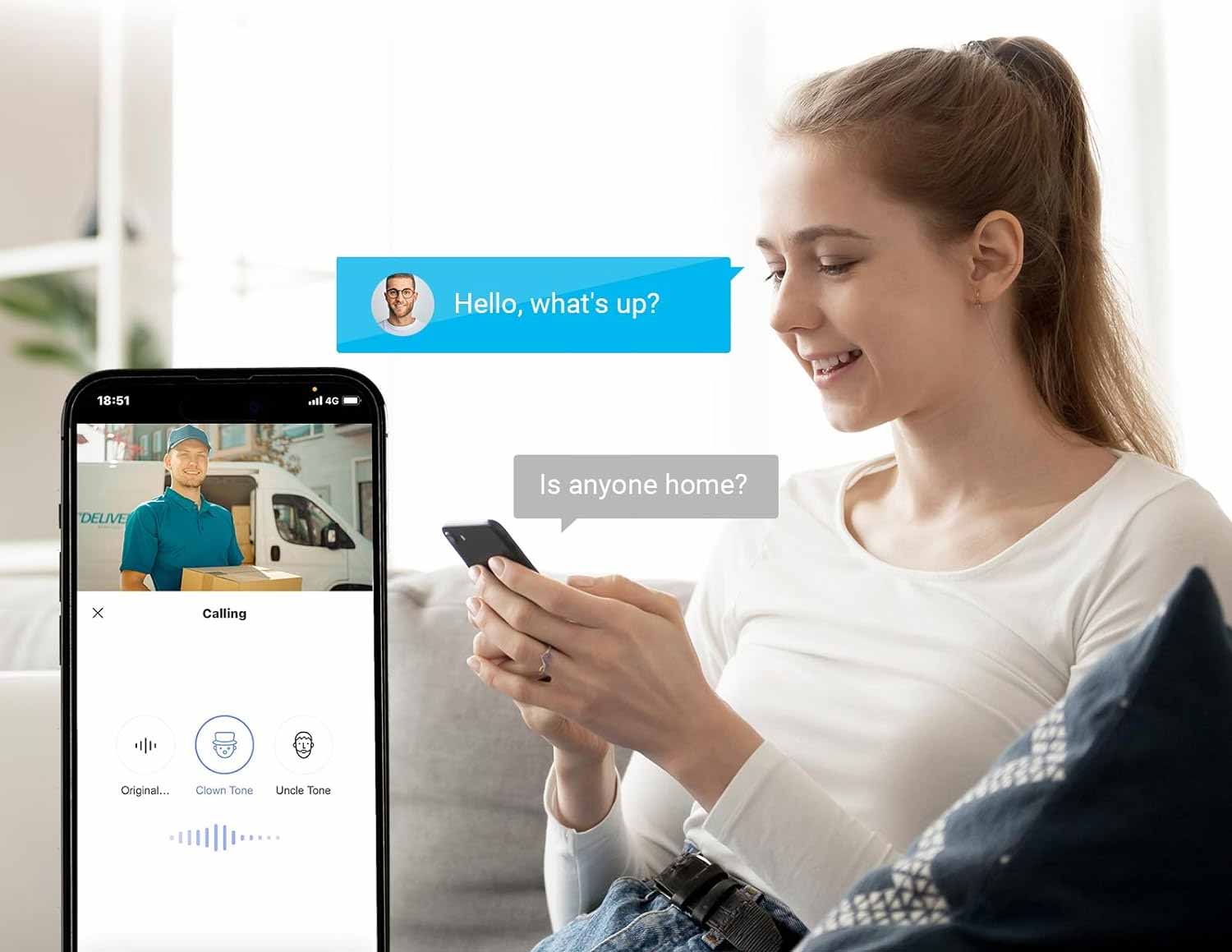 Appli EZVIZ pour interagir à distance, avec option de modulateur vocal pour préserver l’anonymat.